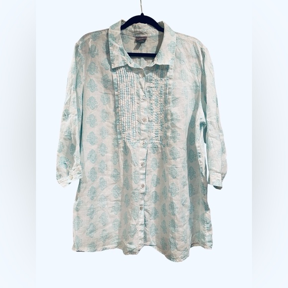 J. Jill Tops - J. Jill Aqua Damask Block Print Linen Button Down Shirt